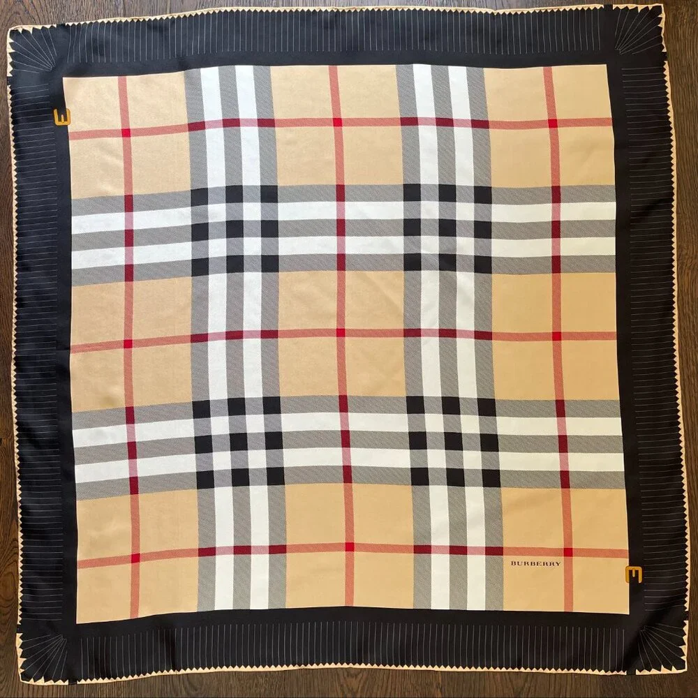 New Burberry Scarf House Check Beige Black Border Silk Scarf Wrap - Picture 6 of 14
